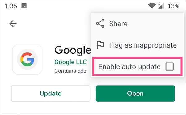 disable auto update for google app on android