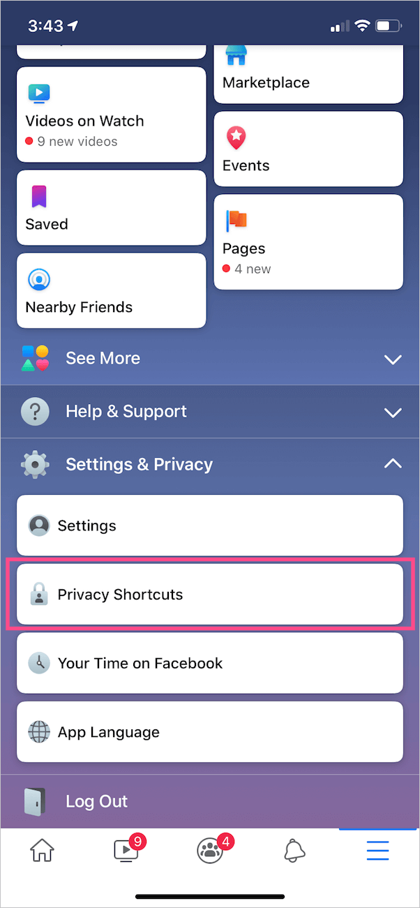 privacy shortcuts on facebook app
