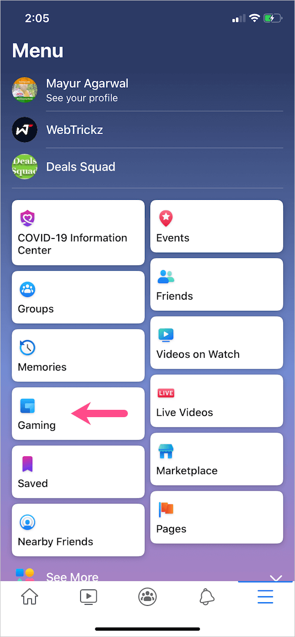 gaming tab on facebook app