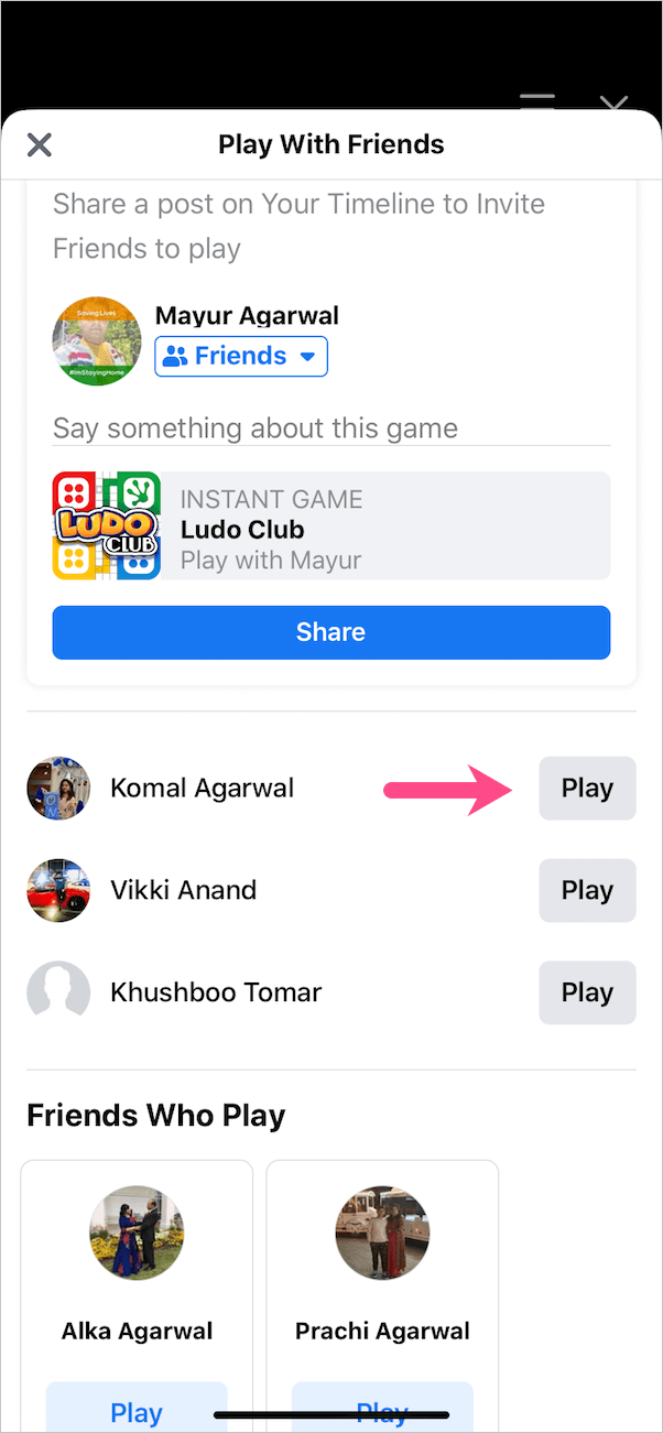 Invite friends to play ludo on Messenger