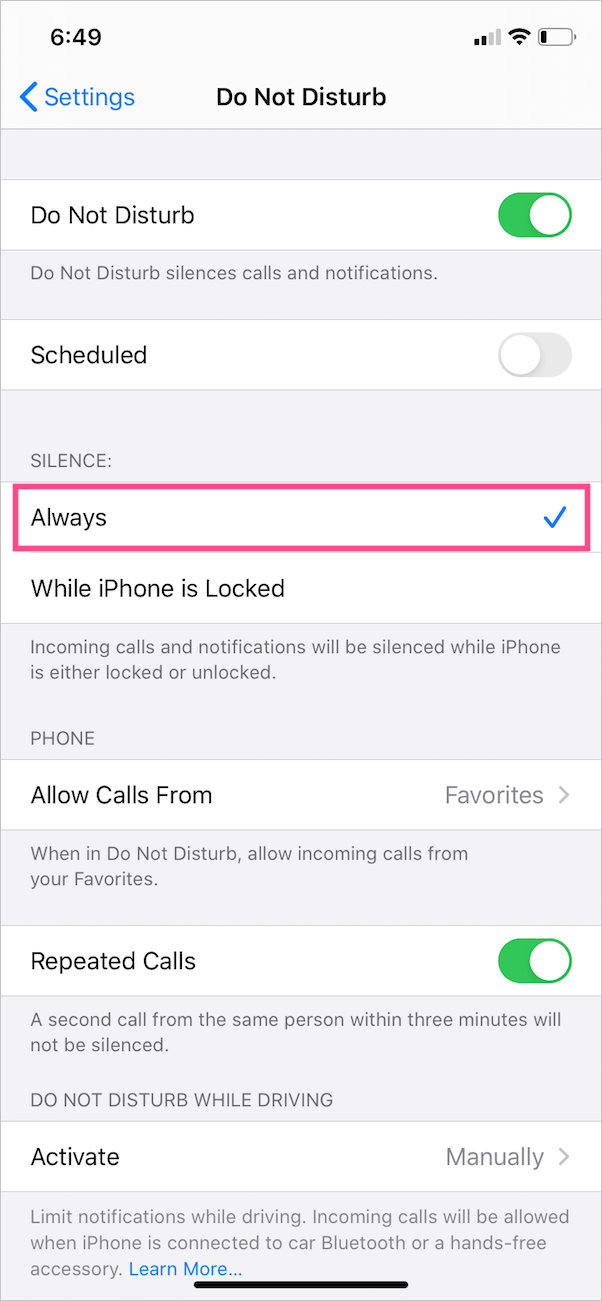 do not disturb setting on iphone