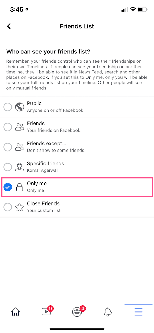 Make Facebook friends list private on iPhone