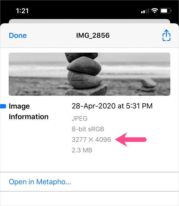 check photo dimension in ios 13