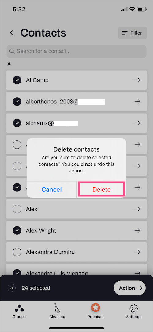delete contacts confirm popup