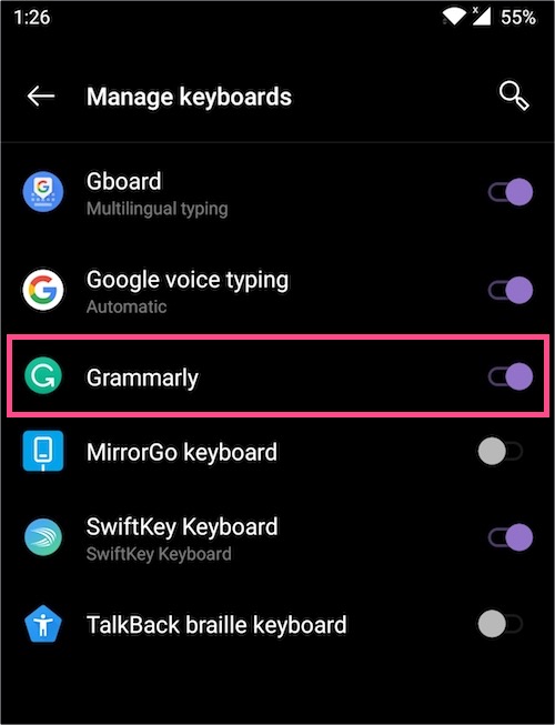 turn off grammarly on android