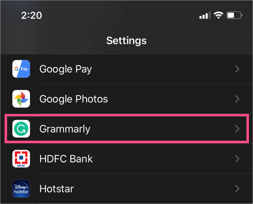 grammarly app in iphone settings