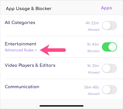 set advanced rules for blocked apps