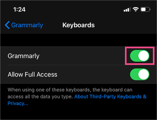 disable grammarly keyboard on iphone