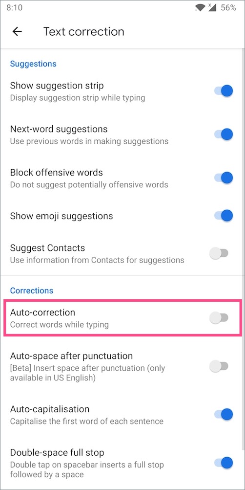 how to disable auto correct in gboard on android