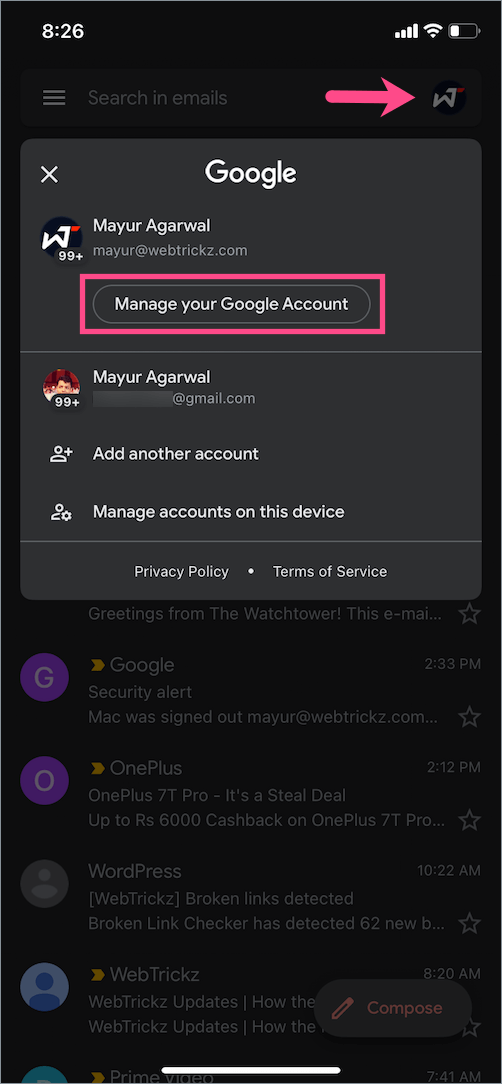 manage google accounts in gmail app