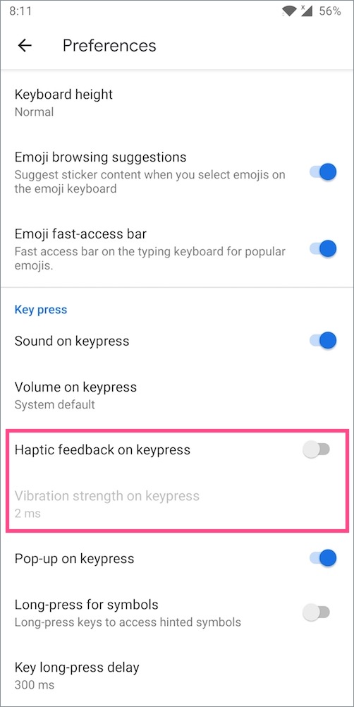 how to turn off vibration in gboard on android