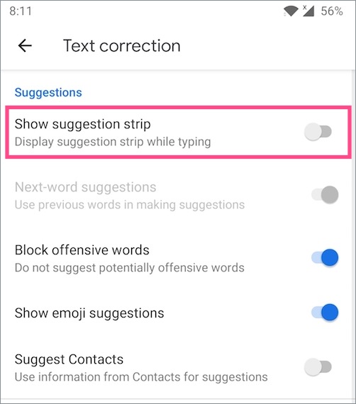 turn off word suggestions bar in gboard on android