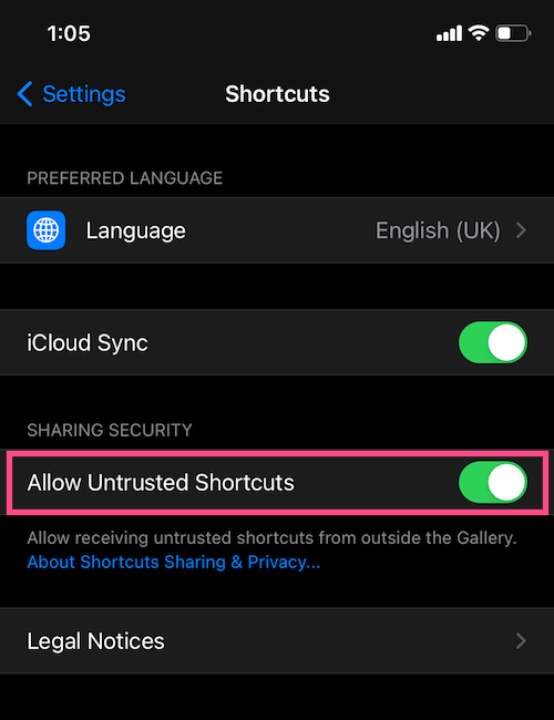 how to allow untrusted shortcuts on ios