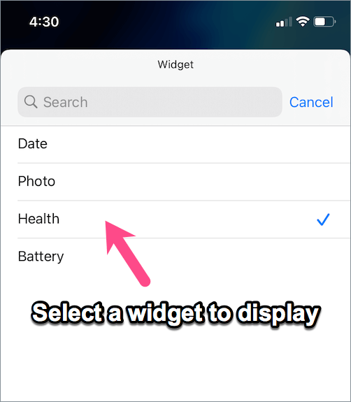select a widget to display on home screen