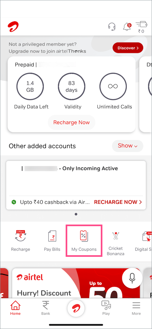 coupon section in Airtel Thanks app