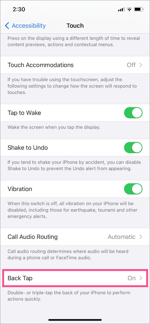 back tap option in ios 14