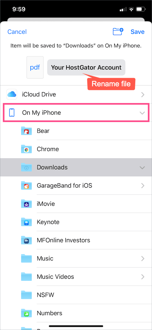 select save location in the Files app