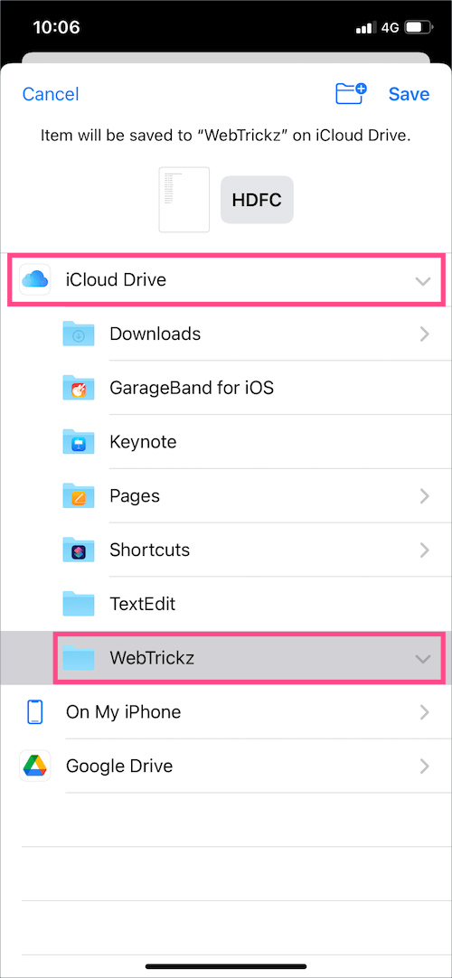 downloading files from Google Drive to iCloud drive on iPhone