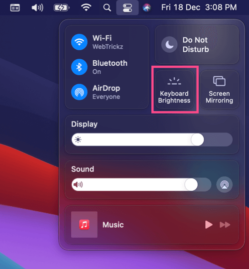 keyboard brightness setting in control center on mac