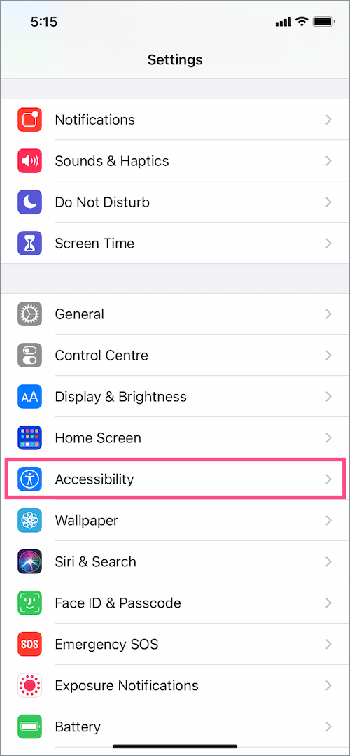 iOS settings menu