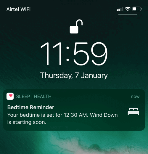 bedtime reminder notification on iPhone