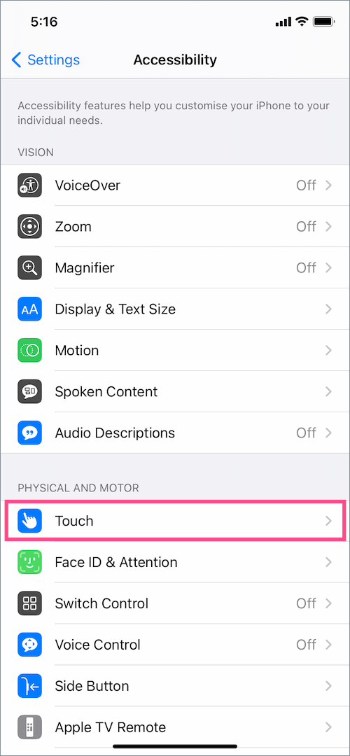 change Accessibility settings on ios