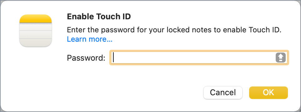 enable Touch ID for notes app on Mac