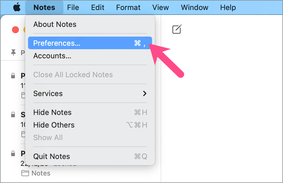 view notes app preferences on macOS