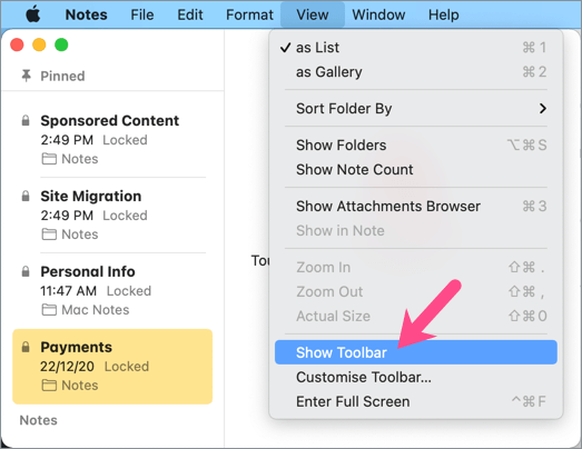 show notes app toolbar on Mac