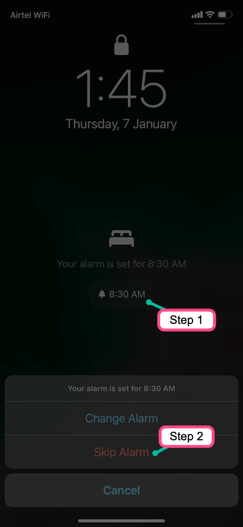 skip next day bedtime alarm on iPhone