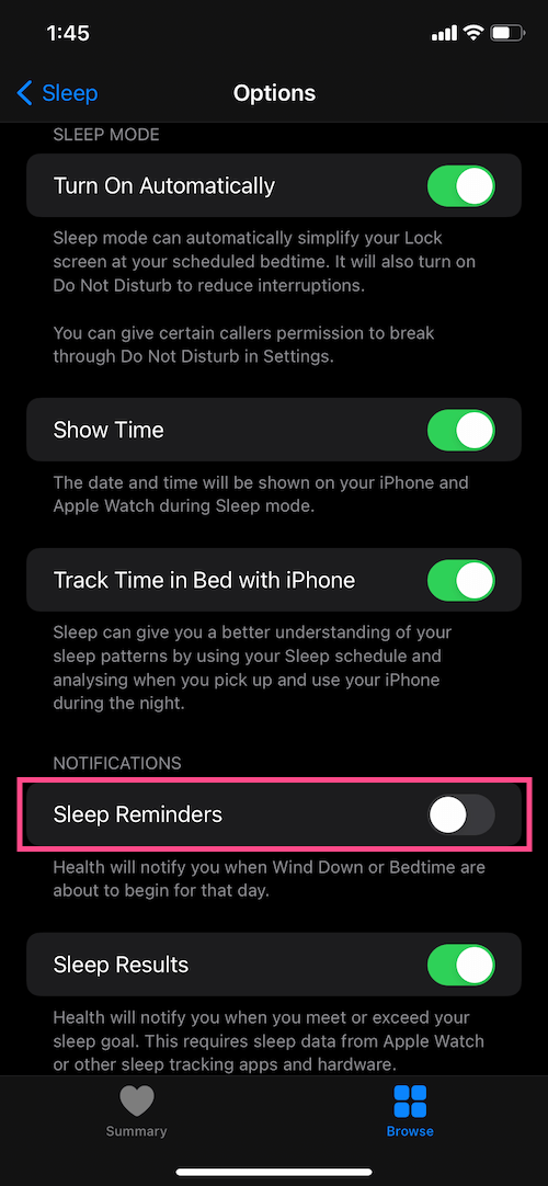 iphone sleep mode settings