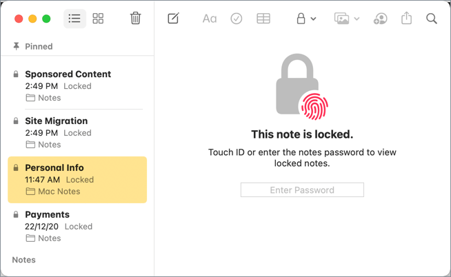 unlock notes with fingerprint on macOS