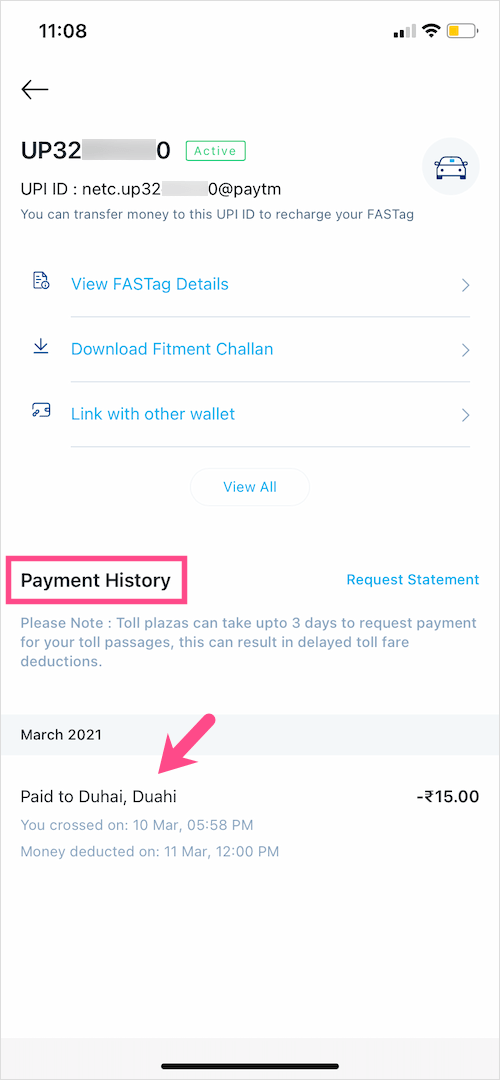 view payment history of Paytm Fastag