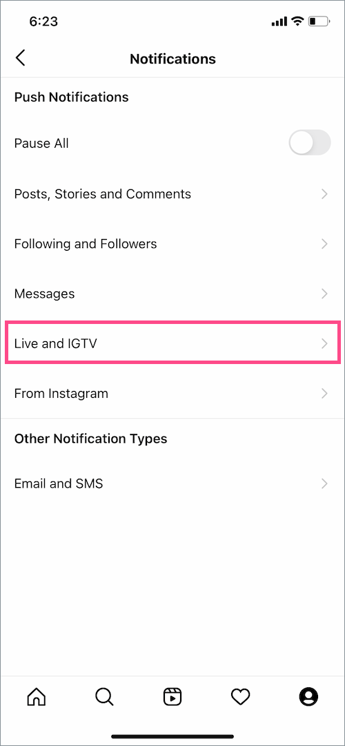 instagram notifications setting