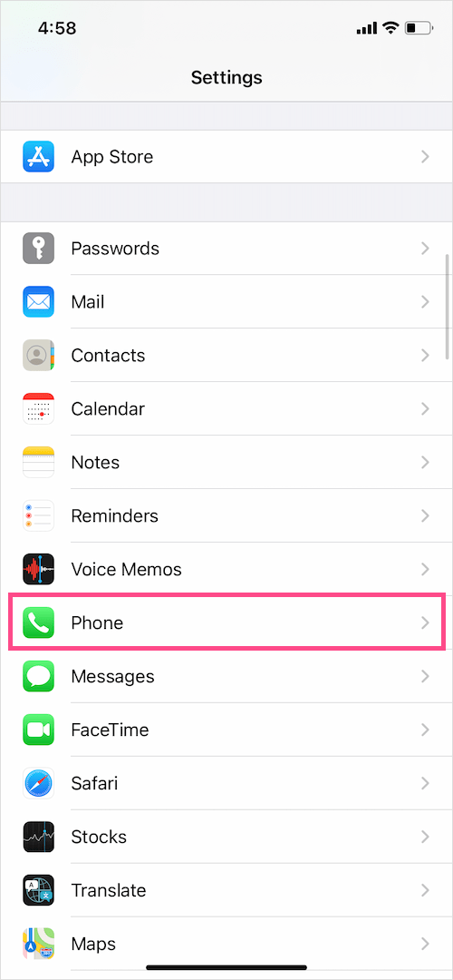 phone settings on iPhone