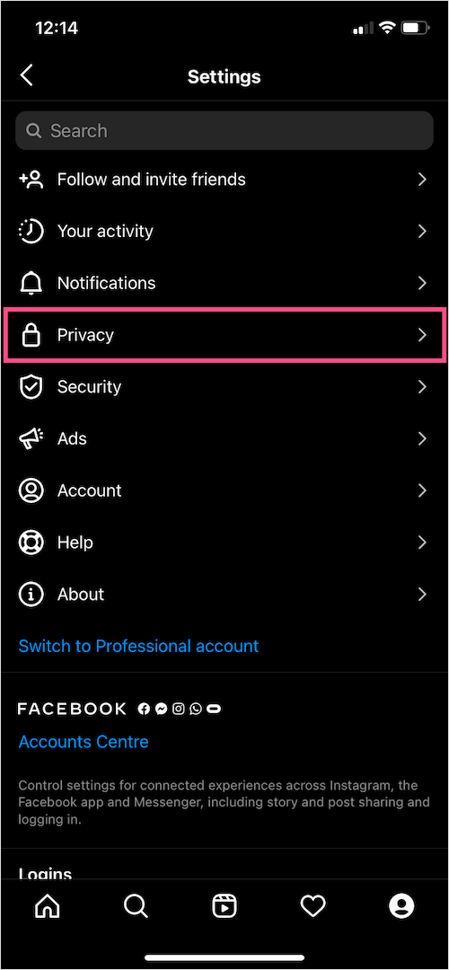 privacy settings on Instagram app