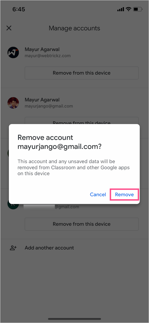 remove account from google classroom on iPhone