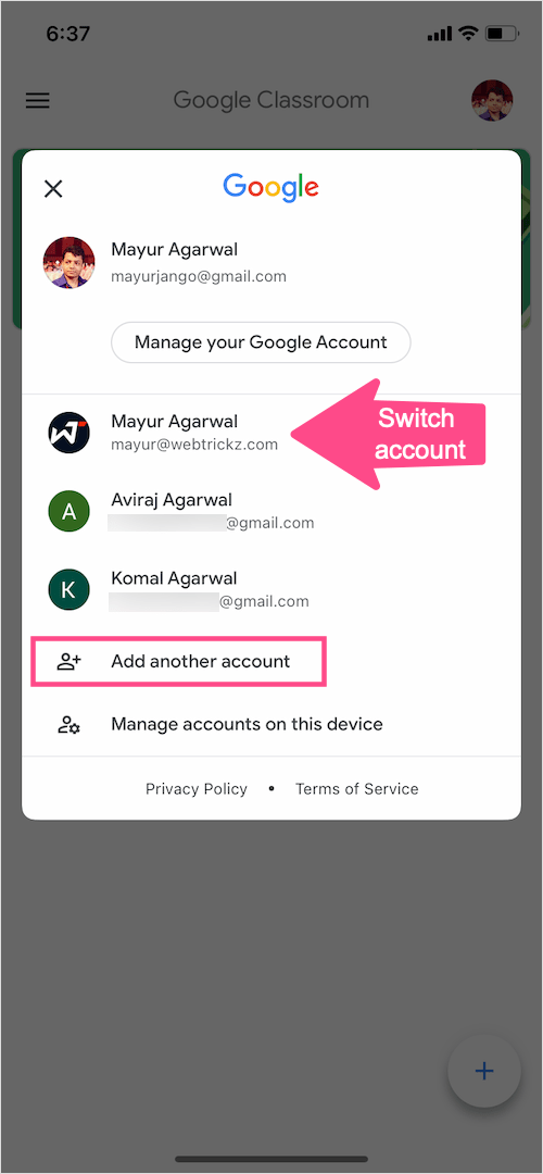 switch accounts in google classroom app