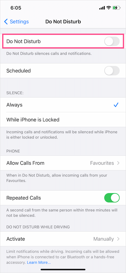 turn off do not disturb mode on iPhone