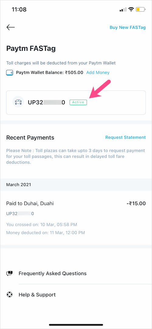 vehicle number in Paytm Fastag