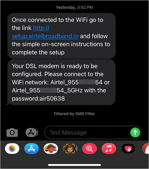 sms from airtel post fiber connection installation