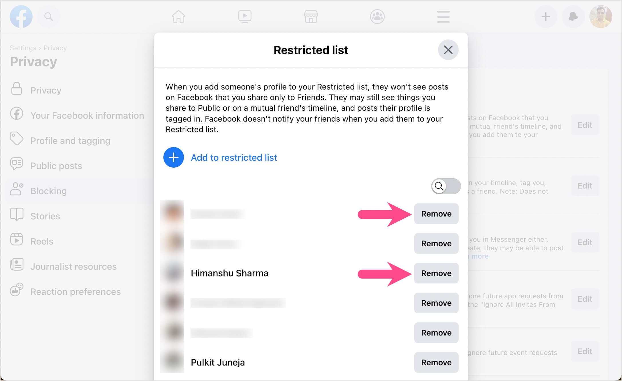 how to remove someone from your Facebook restricted list