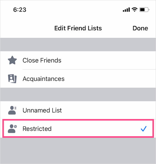 restrict someone on facebook on iphone