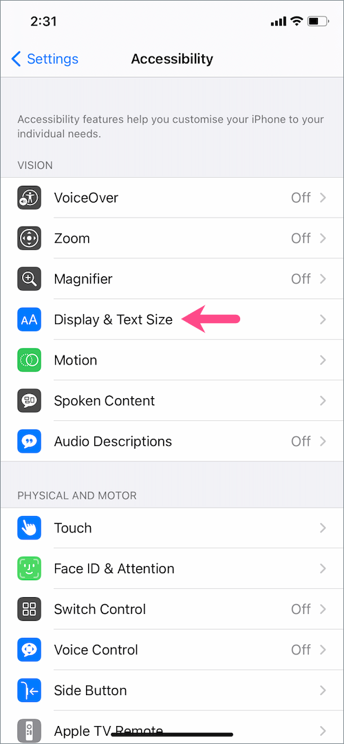 Display & Text Size accessibility setting in iOS 14