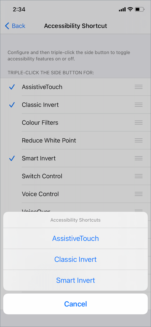 accessibility shortcuts to turn invert colors on or off on iPhone