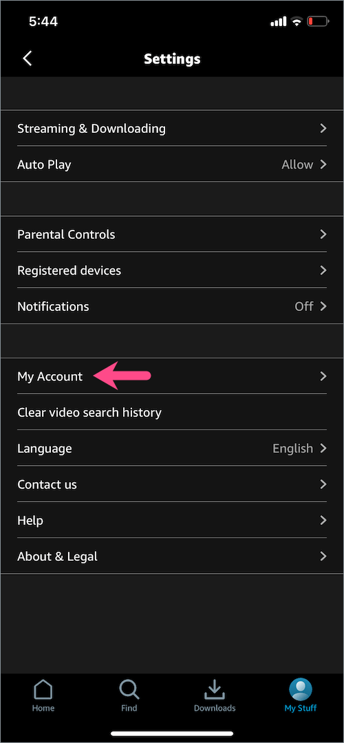 my account in prime video app on iPhone