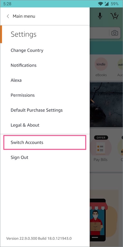 switch account in amazon app on android