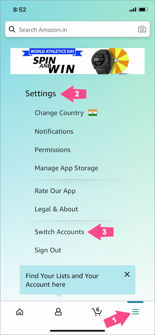 switch account in amazon app