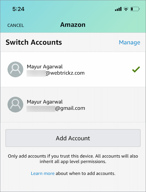 switch account in amazon app