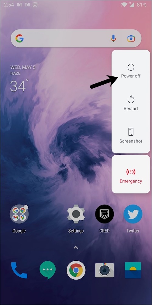 power menu on OnePlus